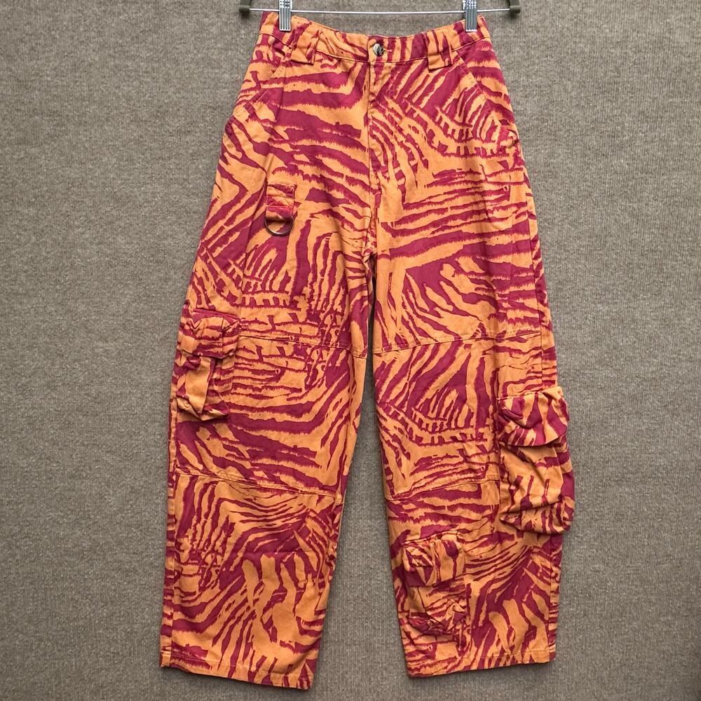 Forever 21 Zebra Print Cargo Pants Twill Orange Pink Wide Leg Y2K Streetwear S